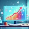 Gráfico digital mostrando análise de ROI com elementos de marketing e estatísticas em fundo tecnológico
