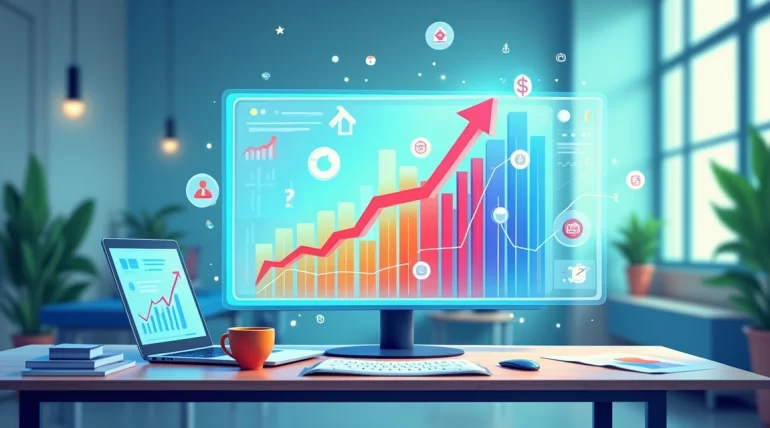 Gráfico digital mostrando análise de ROI com elementos de marketing e estatísticas em fundo tecnológico