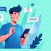 Ilustração de profissional enviando mensagens diretas via celular com gráficos de crescimento e ícones de comunicação ao redor