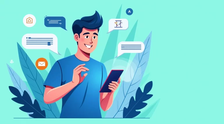 Ilustração de profissional enviando mensagens diretas via celular com gráficos de crescimento e ícones de comunicação ao redor