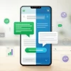 Comparação visual entre aplicativo WhatsApp Business e mensagens SMS em um smartphone