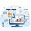 Computador moderno com tela exibindo layout de website profissional colorido e elementos digitais ao redor