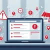 Ilustração mostrando erros comuns de SEO para negócios locais em um laptop com gráficos vermelhos e alertas