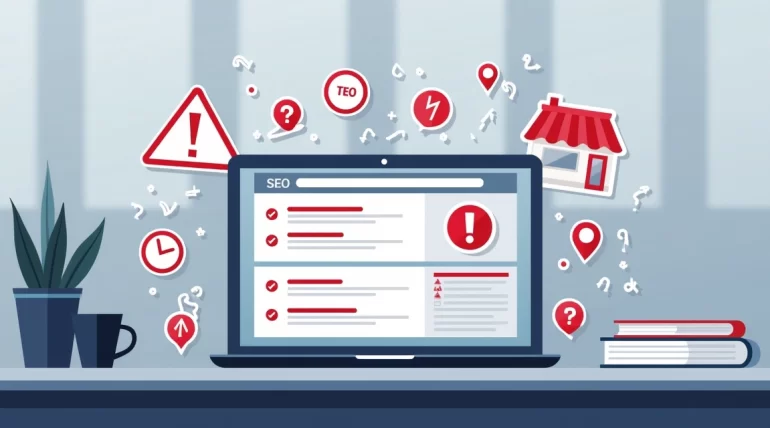 Ilustração mostrando erros comuns de SEO para negócios locais em um laptop com gráficos vermelhos e alertas