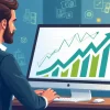 Profissional analisando gráficos de tráfego pago no computador, com números e setas em alta no fundo colorido