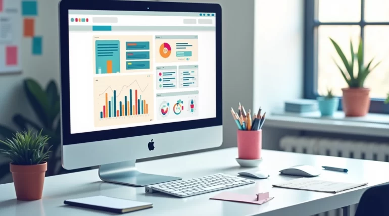 Computador mostrando tela de redesign de site com elementos de interface modernos e gráficos de progresso coloridos