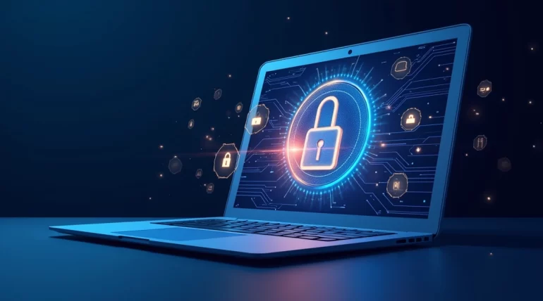Computador com tela mostrando cadeado digital e ícones de segurança em fundo azul