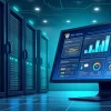 Servidor de hospedagem web com tela de computador exibindo gráficos de desempenho e indicadores digitais