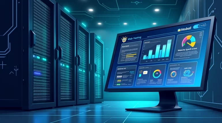 Servidor de hospedagem web com tela de computador exibindo gráficos de desempenho e indicadores digitais