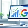 Ilustração corporativa plana com tela de computador mostrando gráficos de SEO e ícones do Google e ajustes digitais