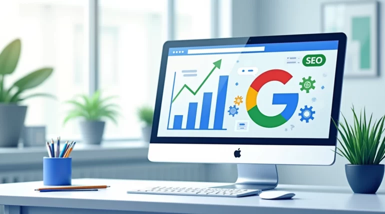 Ilustração corporativa plana com tela de computador mostrando gráficos de SEO e ícones do Google e ajustes digitais