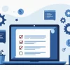 Ilustração plana corporativa de uma checklist de SEO técnico para sites empresariais mostrando laptop, engrenagens, gráficos e elementos digitais