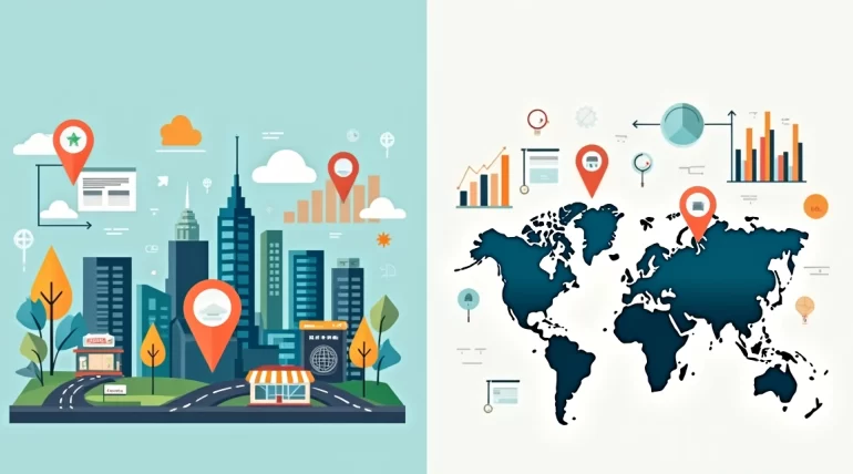 Ilustração corporativa mostrando divisão entre SEO local e SEO nacional com mapas, gráficos e elementos digitais coloridos
