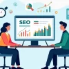 Ilustração corporativa plana mostrando empresários em reunião diante de tela com gráficos de SEO e computador