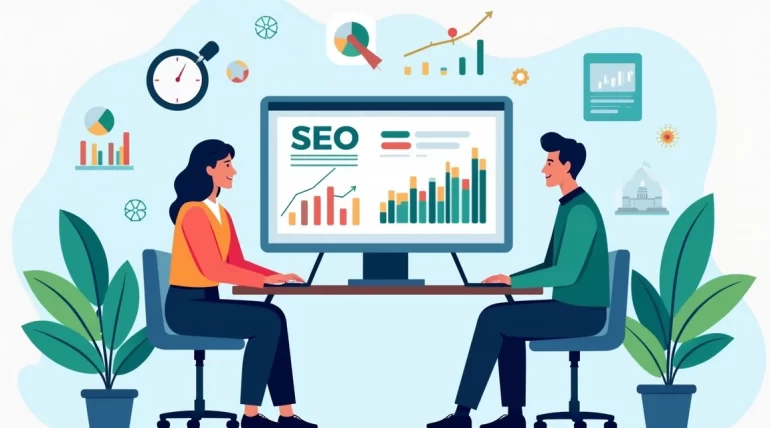 Ilustração corporativa plana mostrando empresários em reunião diante de tela com gráficos de SEO e computador