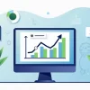 Ilustração flat corporativa de uma tela de computador com gráficos de SEO, ícones de busca e setas ascendentes em um ambiente digital moderno