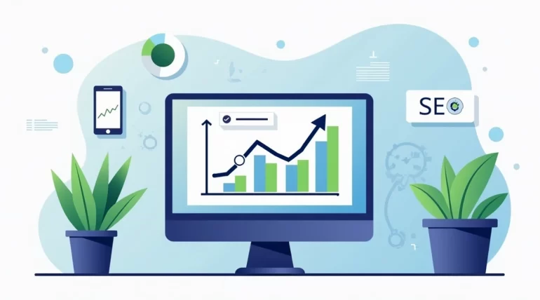 Ilustração flat corporativa de uma tela de computador com gráficos de SEO, ícones de busca e setas ascendentes em um ambiente digital moderno