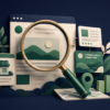 Ilustração de uma lupa sobre uma página web, com loja, marcador de localização e gráfico de crescimento.