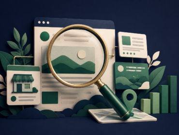 Ilustração de uma lupa sobre uma página web, com loja, marcador de localização e gráfico de crescimento.