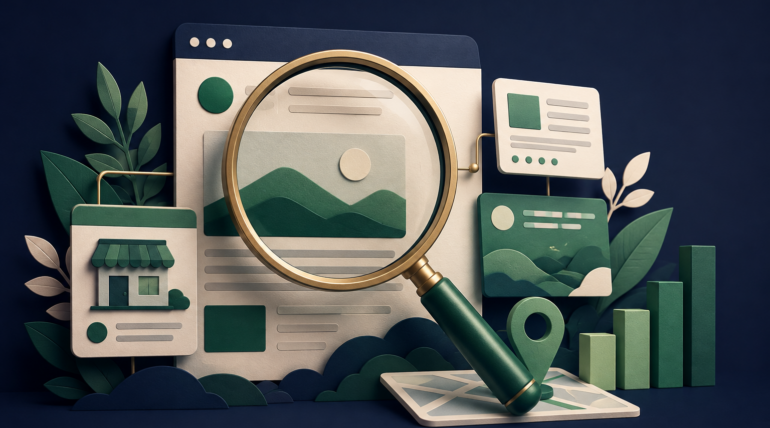 Ilustração de uma lupa sobre uma página web, com loja, marcador de localização e gráfico de crescimento.